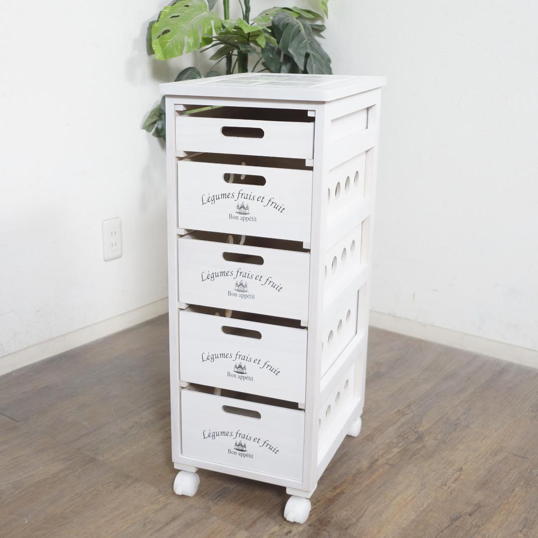 【新生活応援】タイル天板付 木製キッチンワゴン 5段チェスト 桐製 キャスター付