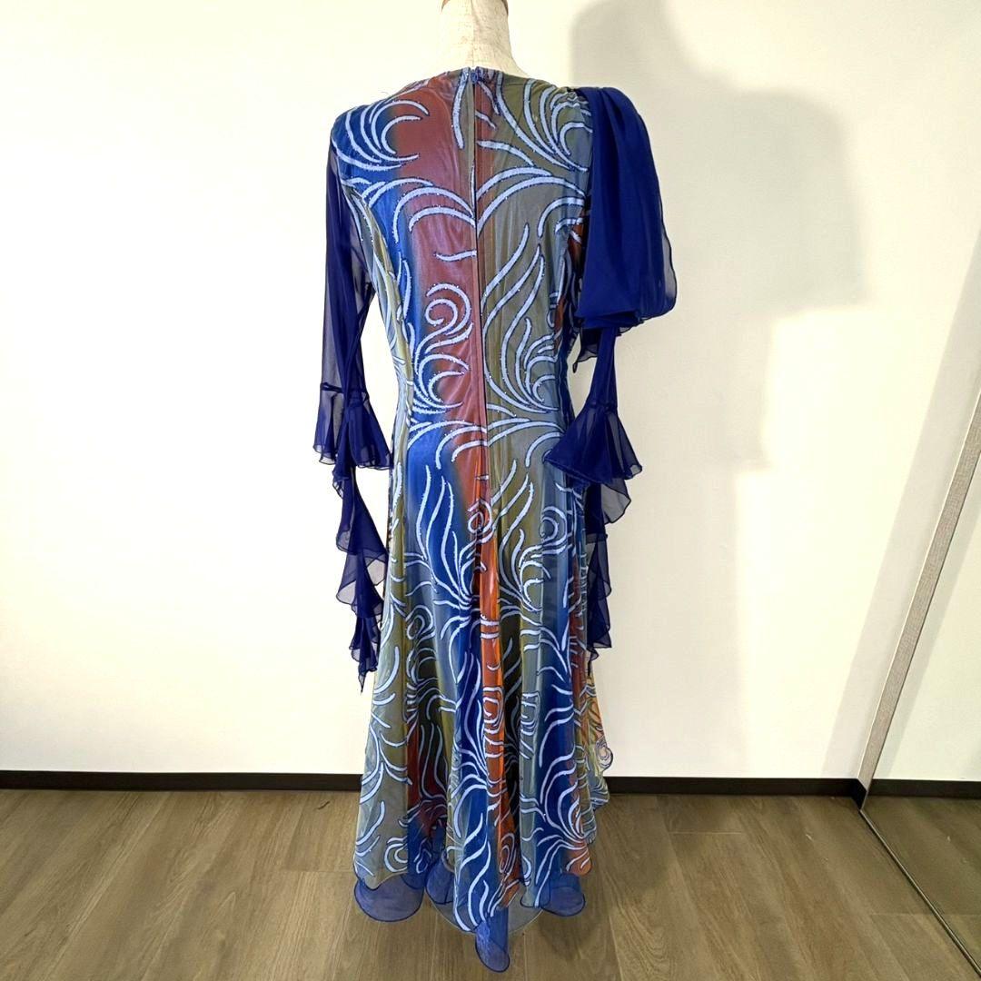 シフォンワンピース｜ドレープネック×ティアード袖｜社交ダンス　ロングドレス