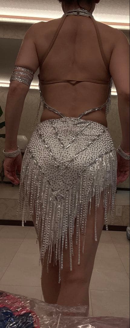 社交ダンス　シルバー　ラテン　ドレス　M ピンク羽　オーストリッチ