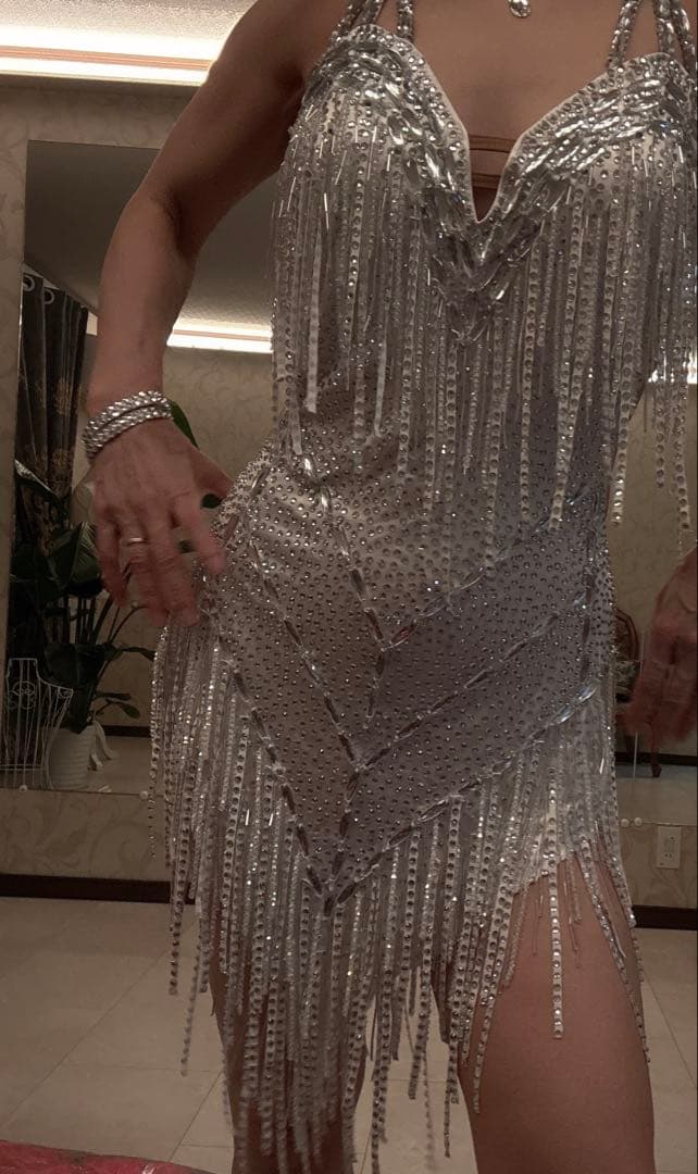 社交ダンス　シルバー　ラテン　ドレス　M ピンク羽　オーストリッチ