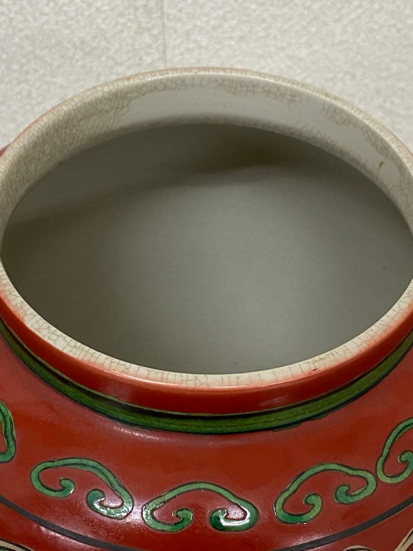 3-2030 九谷焼　木米作　色絵 角福 花瓶 壺 大型 飾り壺