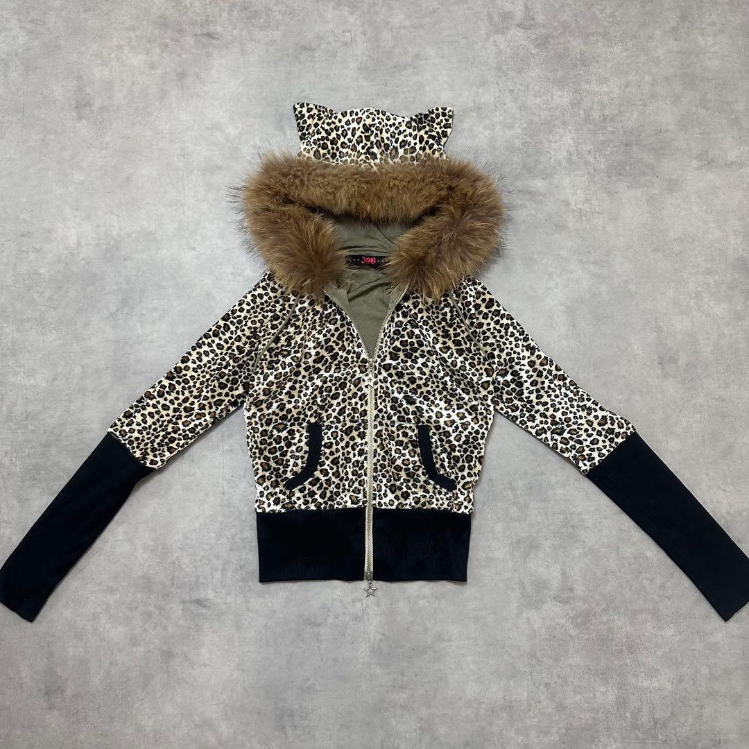 【激レア】平成ギャル y2k　JSG リアルファー付き猫耳ヒョウ柄パーカー