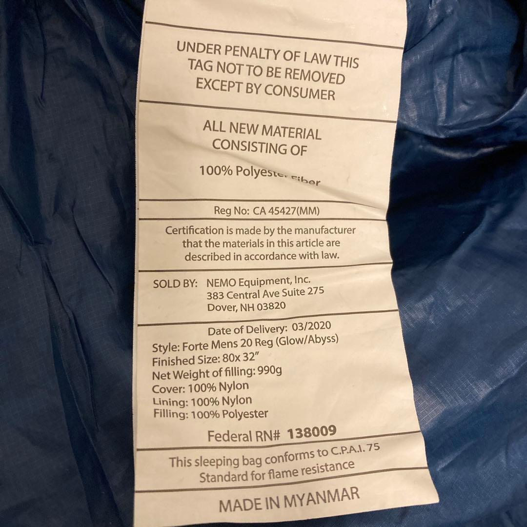 NEMO FORTE 20F Reg ニーモ　寝袋　スリーピングバッグ