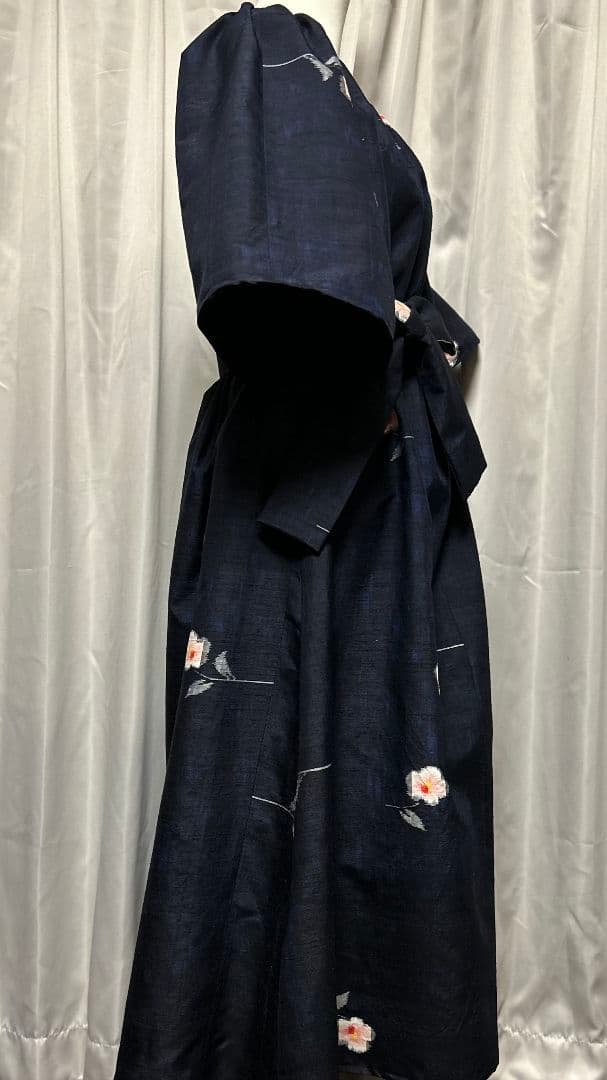 紬着物リメイク　Ａラインロングワンピース（正絹）リボンベルト付き