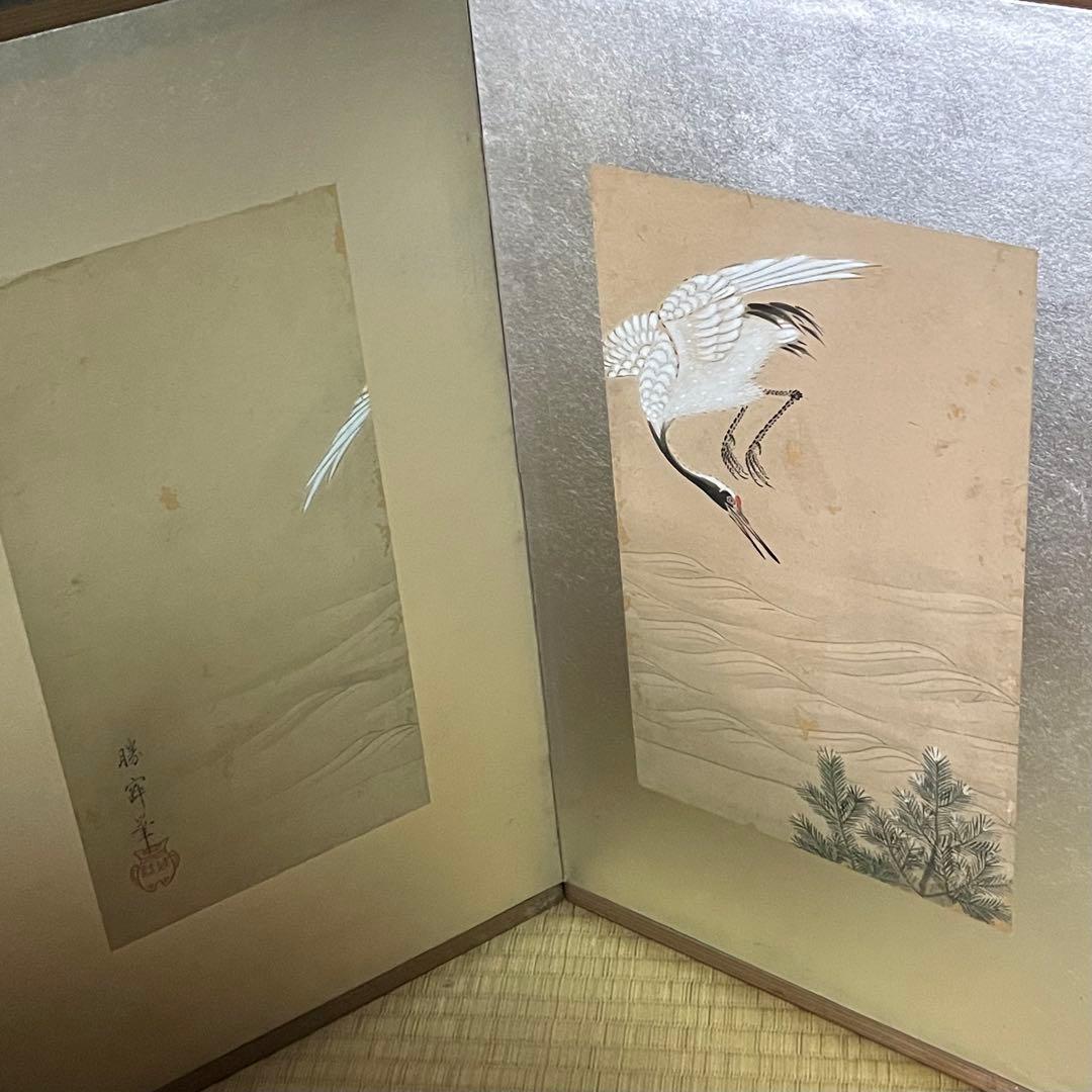 小型屏風/鶴と松/手描き屏風/6曲1双