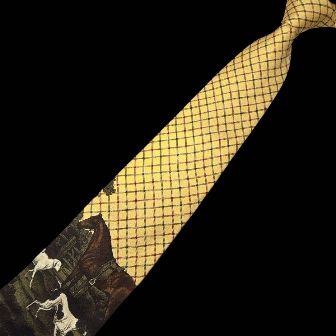 ラルフローレン シルクネクタイ 馬 犬柄 絵画風 クラシックチェック