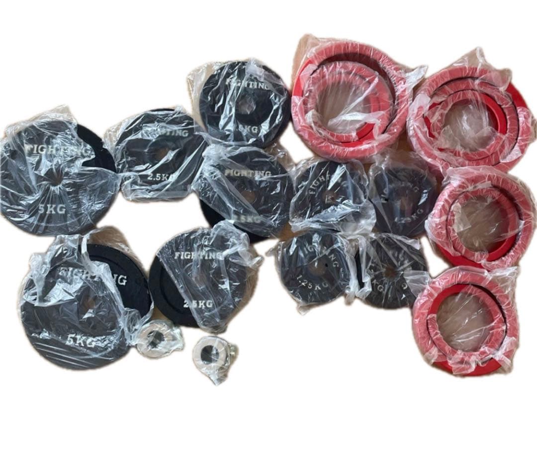 FIGHTING ダンベルプレート 10枚セット、ラバークリップ、シャフト付き