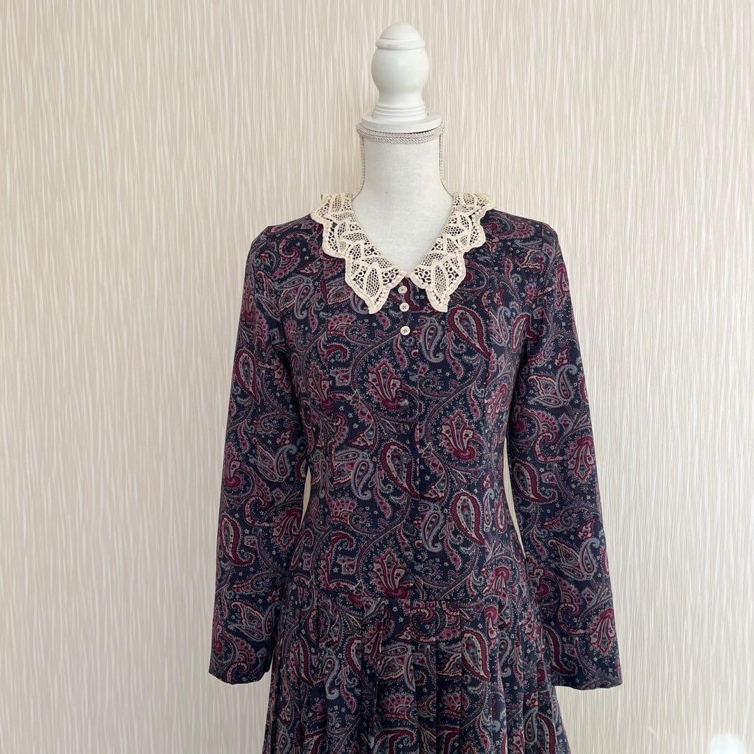 ローラアシュレイ　レース襟　ペイズリー柄　ロングワンピース