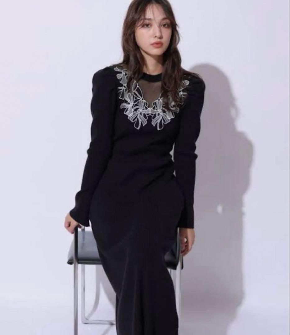 24ss完売品✨リランドチュール デコルテ刺繍　ドッキングニットワンピース S