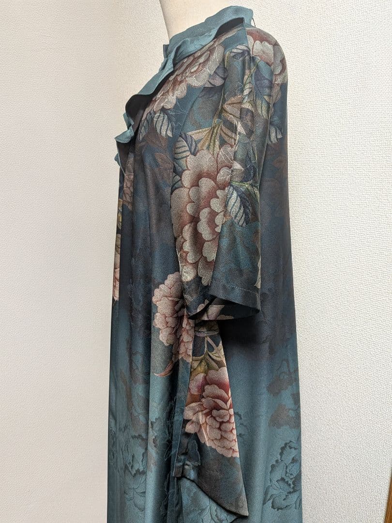 【タグ付き新品】 花柄ロングワンピース 青緑色 チャイナドレス風味