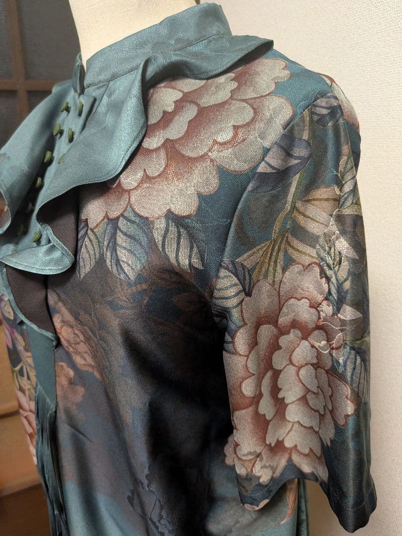 【タグ付き新品】 花柄ロングワンピース 青緑色 チャイナドレス風味