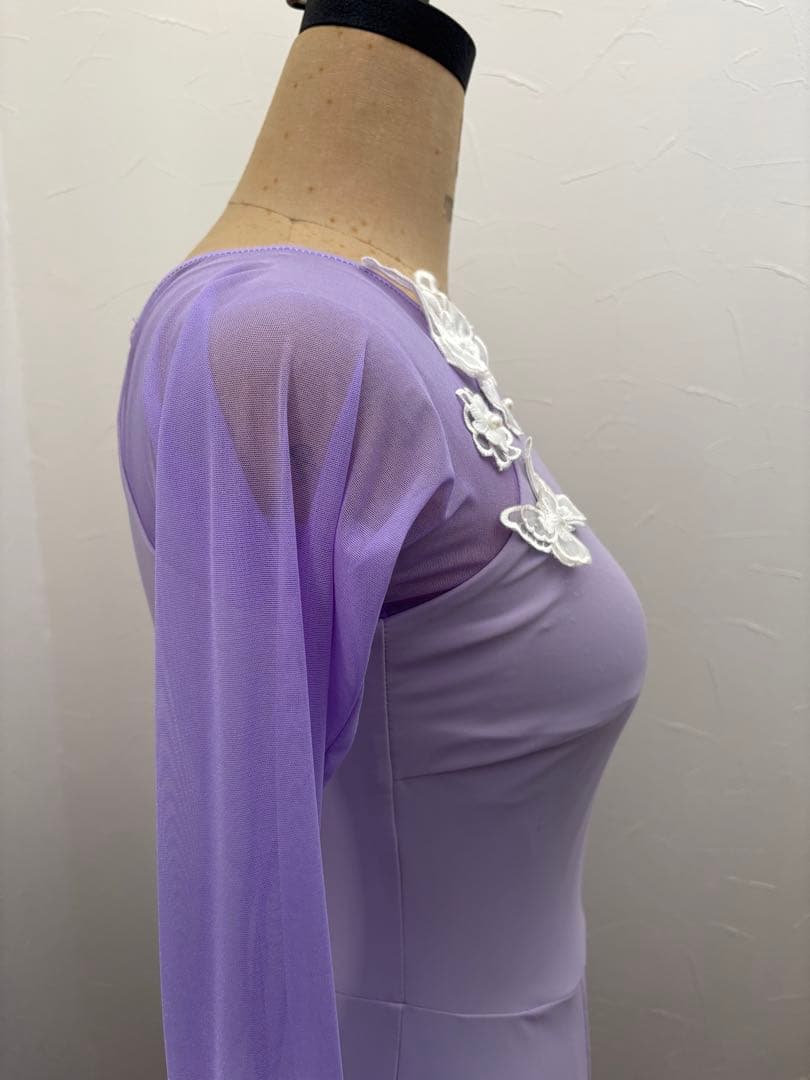 社交ダンス　薄紫色 フレアスリーブ ロングドレス